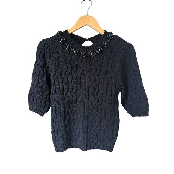 ZARA High Collar Cable Knit Sweater With Tonal Beads & Shorts Sleeves - Picture 5 of 12